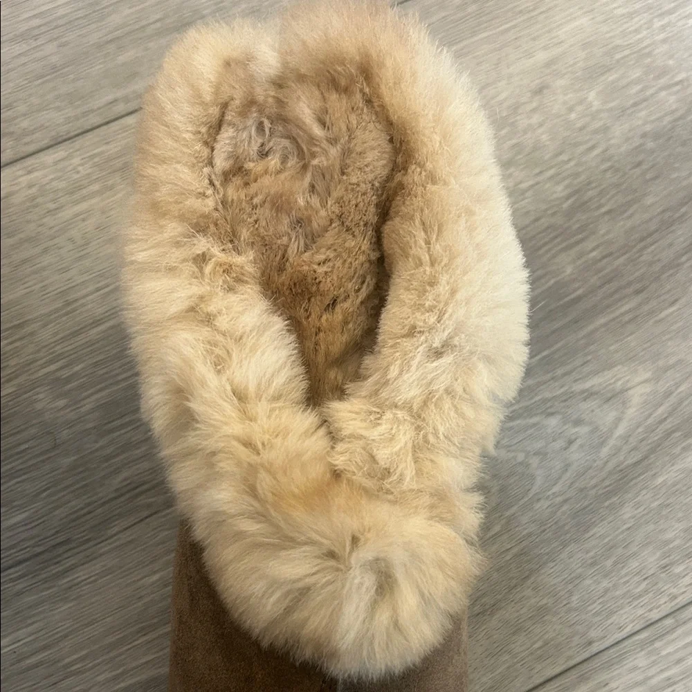 Women's Tan Suede Ankle Clogs Mule Boots with Real Fox Fur Trim